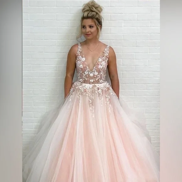 open lace back dress Chic A line Sweetheart Long Prom Dress Pink Flower Party Dress With Sh –  SELINADRESS main image 0